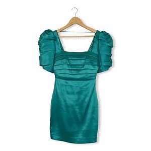 Jewel Badgley Mischka Bright Emerald Pleated Puff Sleeve Dress,‎ size 4